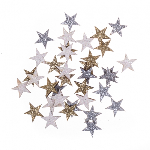 DP Craft kształty z drewna gwiazdki brokatowe dwustronne 1,4 cm 36 szt złoty srebrny i biały