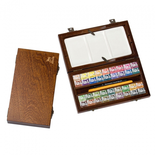 Renesans set 36 watercolors with a ceramic palette and travel brush in wooden coffer