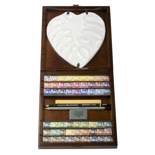 Renesans set 54 watercolors with a ceramic palette and drawing accessories in wooden coffer