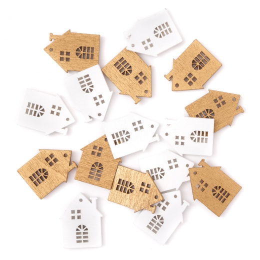 DP Craft self-adhesive wooden houses white&gold 16pcs