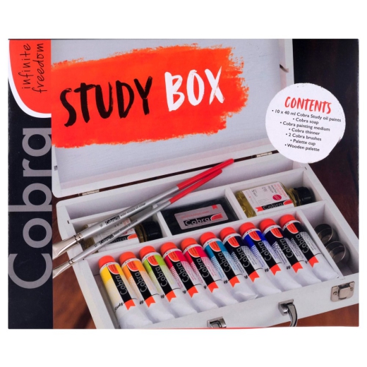 Talens cobra study box zestaw 10 wodorozpuszczalnych farb olejnych 40ml z akcesoriami