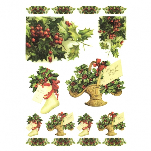 Rice decoupage paper holly A4 ITD R449
