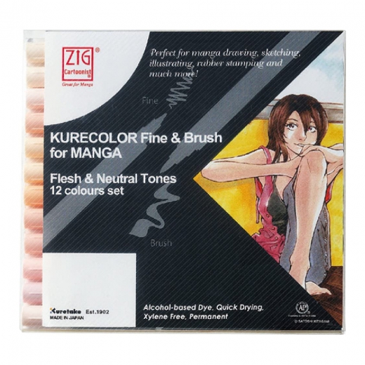 Kurecolor fine&brush manga fresh&neutral set of 12 markers