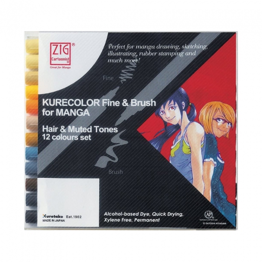 Kurecolor fine & brush manga hair & muted set of 12 markers