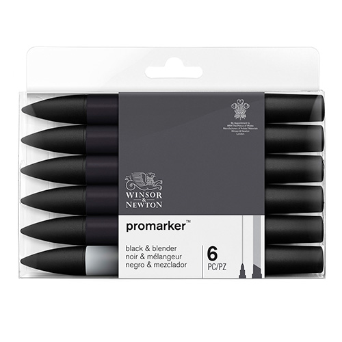 Winsor & Newton promarker black & blender set of 6 markers