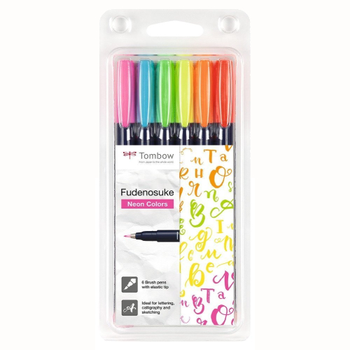Tombow Fudenosuke flamaster brush pen zestaw 6 neonowych pisaków