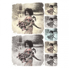 Papier ryżowy do decoupage retro dziewczynka z kwiatami A4 ITD R264