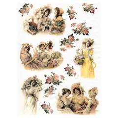 Rice paper for decoupage vintage women flowers A4 ITD R366
