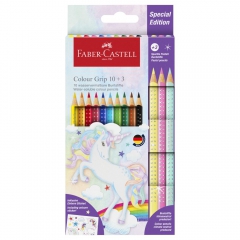 Faber-Castell zestaw 10 kredek colour grip z 3 kredkami pastelowymi sparkle i naklejkami z jednorożcami