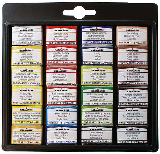 Karmański wilgotne akwarele artystyczne 24 kolory cała kostka