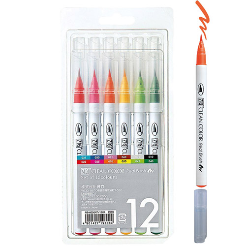Kuretake clean color real brush zestaw 12 pisaków pędzelkowych Basic